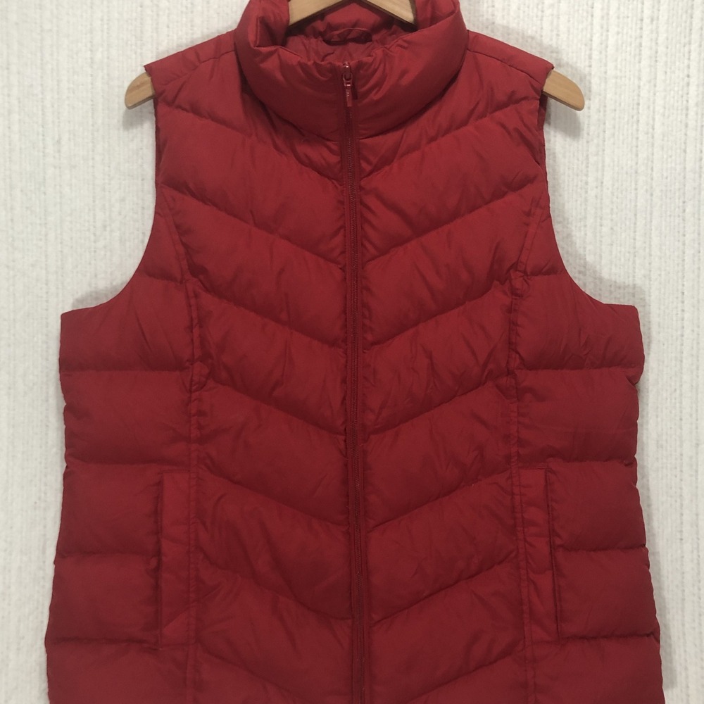 Lands' End Mens Red Down Puffer Vest Chevron Quilted Full Zip Size L 14-16